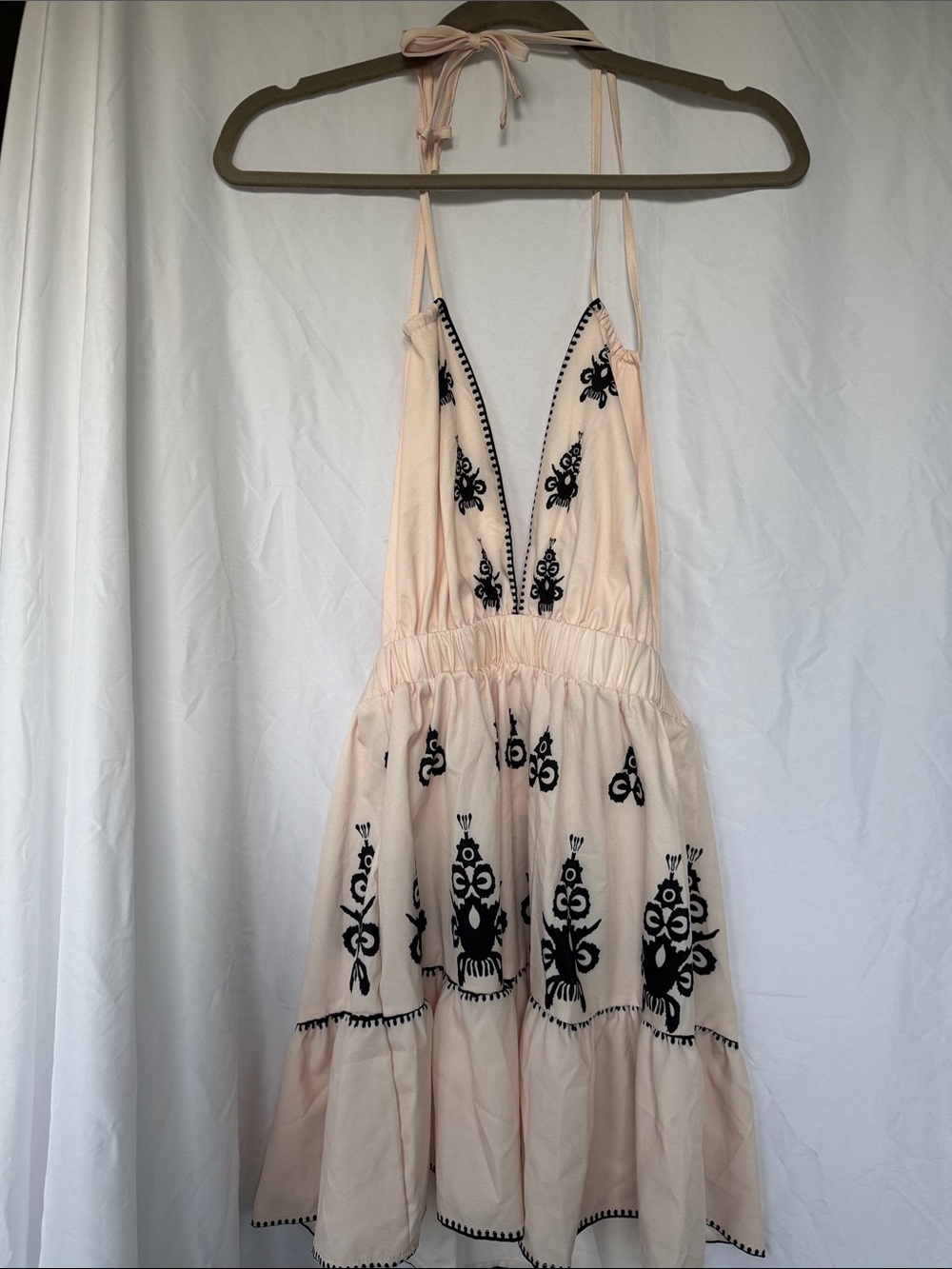 Women’s Cream Halter Dress with Black Embroidery open back